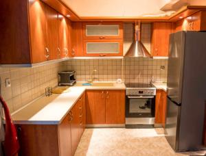 a kitchen with wooden cabinets and a stainless steel refrigerator at A Casa D'Irene in Perea