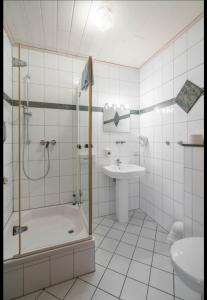y baño con bañera de ducha y lavamanos. en Landhotel Weingut Schulze, en Freyburg