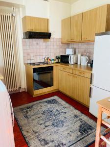 a kitchen with a stove and a refrigerator at Appartement vue lac Montreux in Montreux