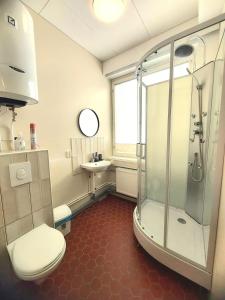 La salle de bains est pourvue d'une douche, de toilettes et d'un lavabo. dans l'établissement Hotel Ilomantsi North Star, à Ilomantsi