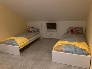 1 dormitorio con 2 camas y TV. en Sofa Apartment, en Seeheim-Jugenheim