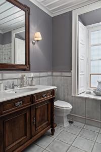 uma casa de banho com um lavatório, um WC e um espelho. em Androspremiumvillas em Andros