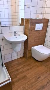 a bathroom with a sink and a toilet at Hotel Europejski in Przemyśl