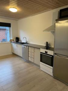 una cocina con electrodomésticos de acero inoxidable en una habitación en Søhusets anneks2, en Viborg