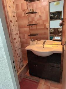 ein Badezimmer mit Waschbecken und Spiegel in der Unterkunft Maison individuelle avec jardin in Soulac-sur-Mer