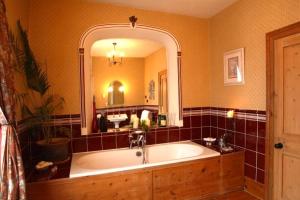 a bathroom with a tub and a large mirror at Badgers Inn in Petworth