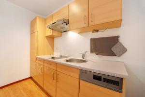 a small kitchen with a sink and wooden cabinets at Fröhlichhof Wohnung Pink Lady in Lagundo