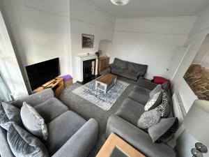 sala de estar con 2 sofás y chimenea en Sandy Lodge en Hornsea