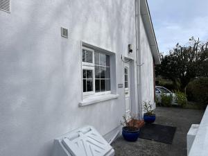 a white house with a window and two potted plants at Sonas Seaside Apartment in Galway
