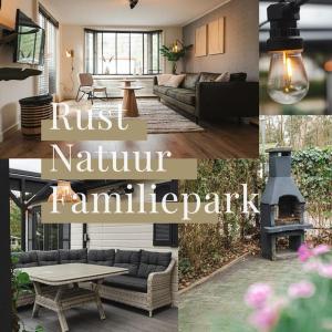 a collage of pictures of a living room with a fireplace at Chalet op familiepark Veluws Hof op de Veluwe in Hoenderloo
