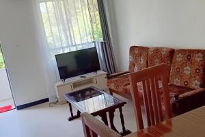 a living room with a couch and a television at FevKoti in Addis Ababa