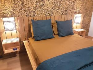 a bedroom with a bed with blue pillows at Les Fauvettes in Saint-Paul