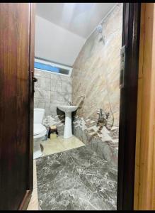 y baño con lavabo y aseo. en Guest House MARGALITI-საოჯახო სასტუმრო მარგალიტი en Omalo