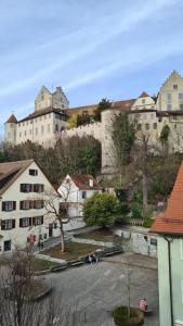 a view of a city with a castle in the background at Schwabenstuben Apartment in Meersburg