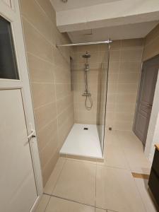 eine Dusche mit Glastür im Bad in der Unterkunft Le loft in Landerneau