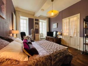 Schlafzimmer mit einem Bett, einem Schreibtisch und einem TV in der Unterkunft Authentique appartement dans immeuble 17eme in Vannes