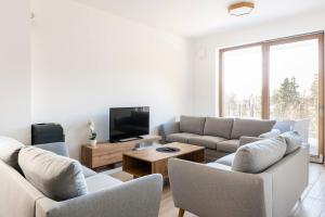 a living room with two couches and a tv at Apartments near Ljubljana, Sleeps 10, Free Parking in Škofljica