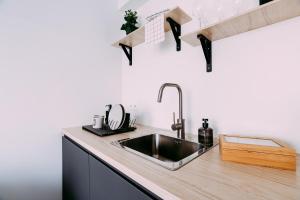 a kitchen with a sink and a counter at NOI Resort SPA - woda i las in Tęgoborze