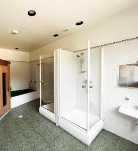 ein Bad mit einer Dusche und einem Waschbecken in der Unterkunft Hostelis R27 in Aizpute