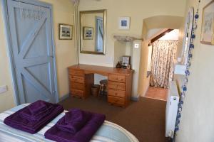 a bedroom with a bed and a desk and a mirror at Delfryn Holiday Cottages in Solva