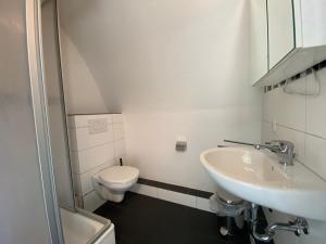 a white bathroom with a toilet and a sink at Simplex Apartments Am Ludwigsplatz in Karlsruhe