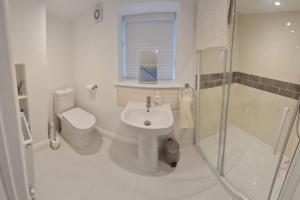 a bathroom with a sink and a toilet and a shower at 4 bedroom house opposite the sea in Kent