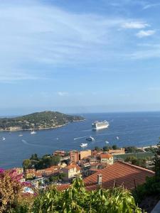 ein Kreuzfahrtschiff im Wasser in der Nähe einer Stadt in der Unterkunft Hôtel La Fiancée du Pirate in Villefranche-sur-Mer