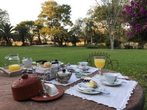 a picnic table with food and drinks on a field at Estancia La violeta in Chajarí