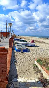 une rangée de planches de surf assises sur la plage dans l'établissement Casa Peppuccio, 