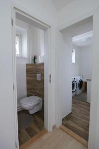 biała łazienka z toaletą i umywalką w obiekcie Ostrava, byt 80 m2 v RD w Ostravie