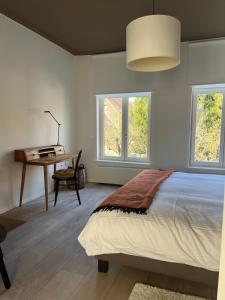 a bedroom with a bed and a desk and windows at Residence9Bruges in Bruges