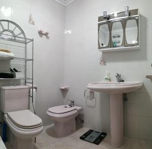 a white bathroom with a toilet and a sink at Piso espacioso en el centro con plaza de garage in Ribeira