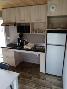 a small kitchen with a counter and a refrigerator at Terres de France - Le Domaine du Moulin Neuf in Rochefort-en-Terre