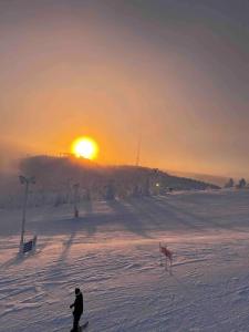 eine Person, die bei Sonnenuntergang ein Snowboard im Schnee reitet in der Unterkunft Ruka Cottage in Kuusamo