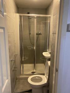 a bathroom with a shower with a toilet and a sink at Double En-suite Rooms in Nevendon