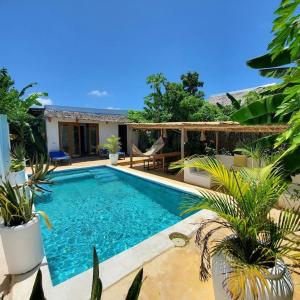 una piscina frente a una casa con plantas en Bukoba Villas - Olive - Private Pool, AC & Wi-Fi en Nungwi