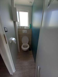 un piccolo bagno con servizi igienici e finestra di mobil home 6 pers camping 4 étoiles domaine de la pommeraie tregunc bretagne a Trégunc Altre 10 foto