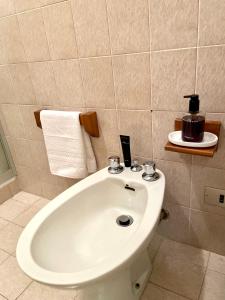 a bathroom with a white sink and towels at Amiata Loft Design - Monte Amiata - Free Parking in Seggiano