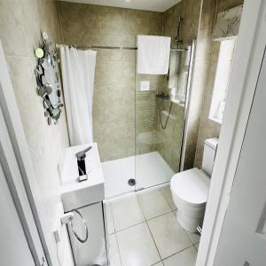 uma casa de banho com um chuveiro e um WC. em Cherry Bungalow Guesthouse em Shrivenham