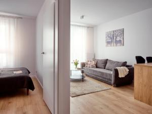 コシャリンにあるA&W Apartament Franciszkańskaのソファとテーブルのあるリビングルーム