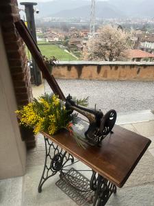 Tenuta Rella في درونيرو: مدفع على طاولة عليها زهور