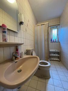 La salle de bains est pourvue d'un lavabo et de toilettes. dans l'établissement Monteurzimmer In Durlach! By Simplex, à Karlsruhe