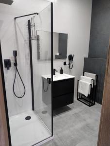 uma casa de banho com um chuveiro e um lavatório. em Pokoje do wynajęcia em Tomaszów Mazowiecki