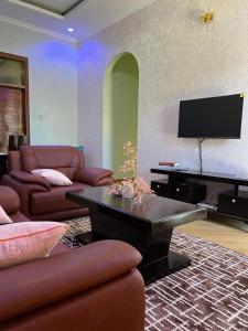 uma sala de estar com um sofá, uma mesa e uma televisão em Dodoma furnished Apartment em Dodoma