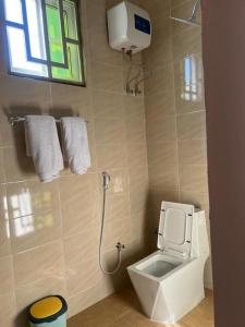a bathroom with a toilet and a window and towels at Dodoma furnished Apartment in Dodoma