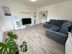 a living room with a couch and a flat screen tv at Ferienwohnung Okerblick in Goslar