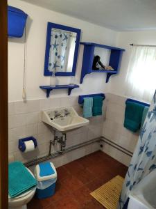 y baño con lavabo, aseo y espejo. en Casa da Lapa en Angra do Heroísmo