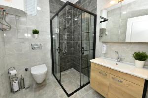 uma casa de banho com um chuveiro, um WC e um lavatório. em Sevinc Suite 1 em Istambul