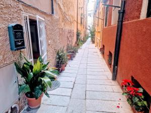 an alley with plants on the side of a building at Casa vacanza Castello in Cagliari