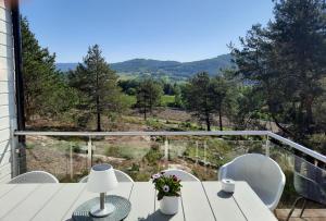 a balcony with a table and chairs and a view at Norsjøtunet in Akkerhaugen